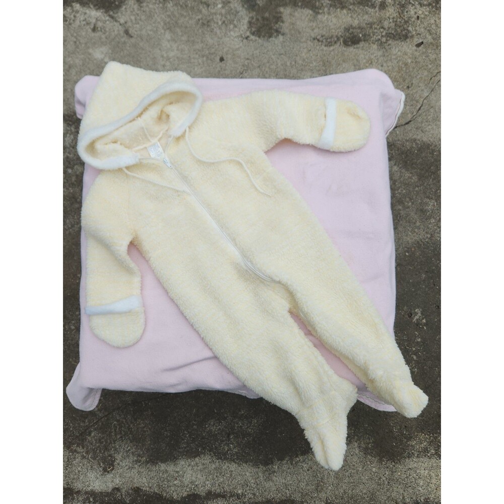 VTG Health-Tex Fleece Baby Hooded Romper Pastel Yellow & White Striped 6-12 Mos